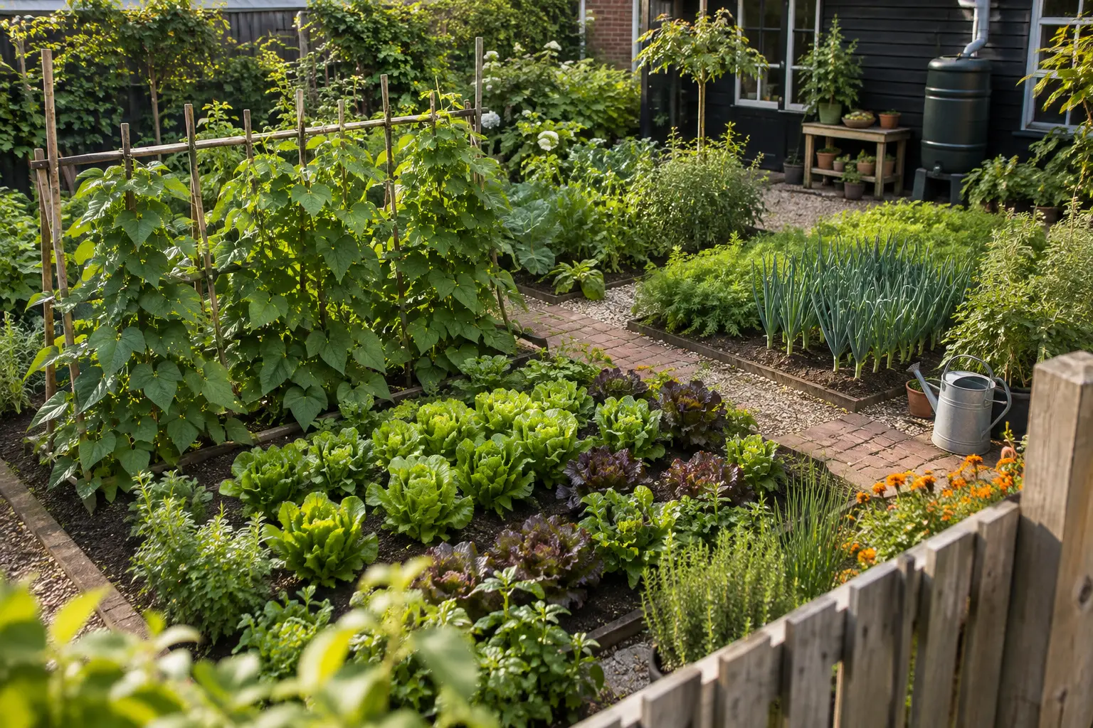 Compacte Nederlandse moestuin met verhoogde bedden, verschillende groentegewassen en eenvoudige houten paden